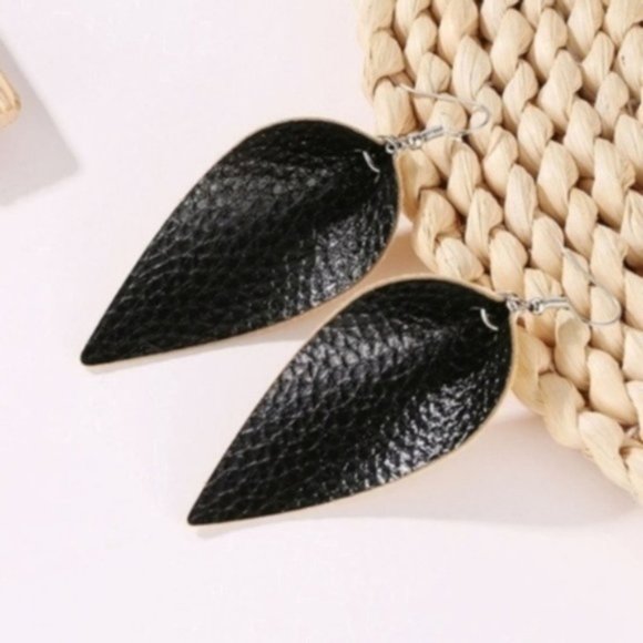 Jewelry - 5 for $25 Black Leather Leaf Dangle Earrings